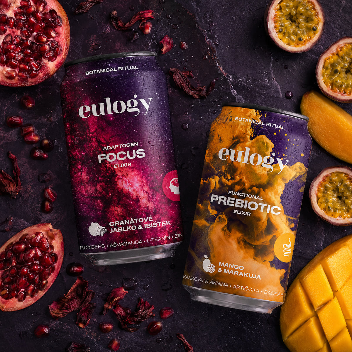 Plechovky Focus a Prebiotic s granátovým jablkom, ibištekom, marakujou a mangom